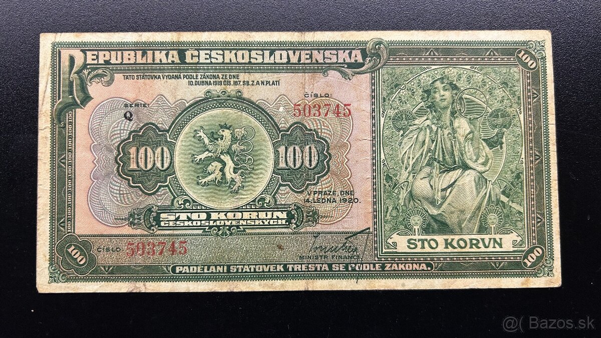 Bankovky 1.ČSR 100 Kč 1920 seria Q krásny stav