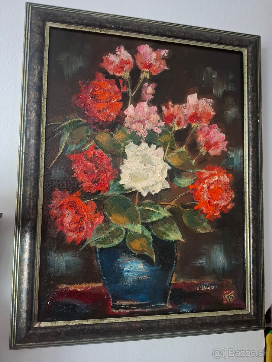 Predám starý obraz olejomalbu na plátne Kytica monogramista