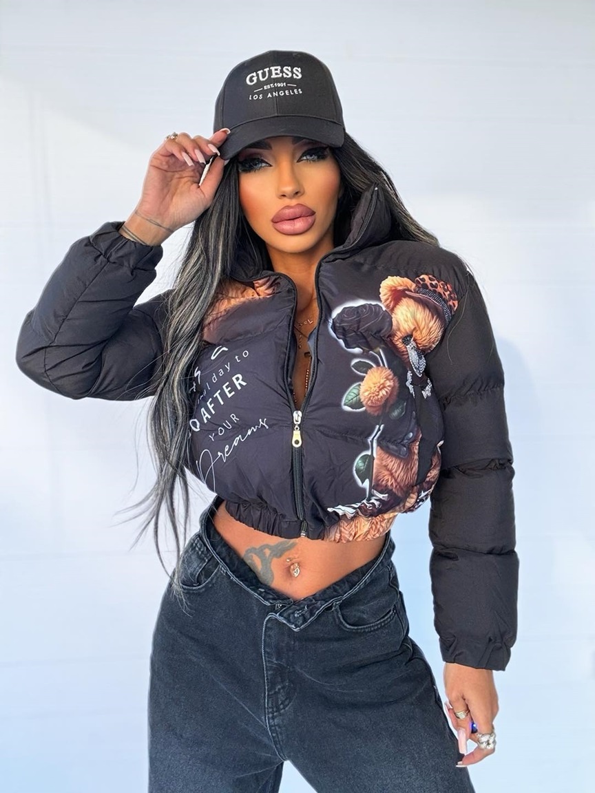 Krasna damska cierna presivana zimna bunda s mackom NOVA