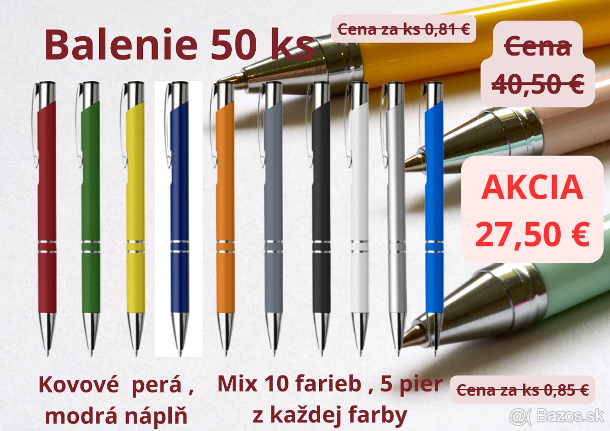 Kovové guľôčkové perá , balenie 50 ks , mix 10 farieb