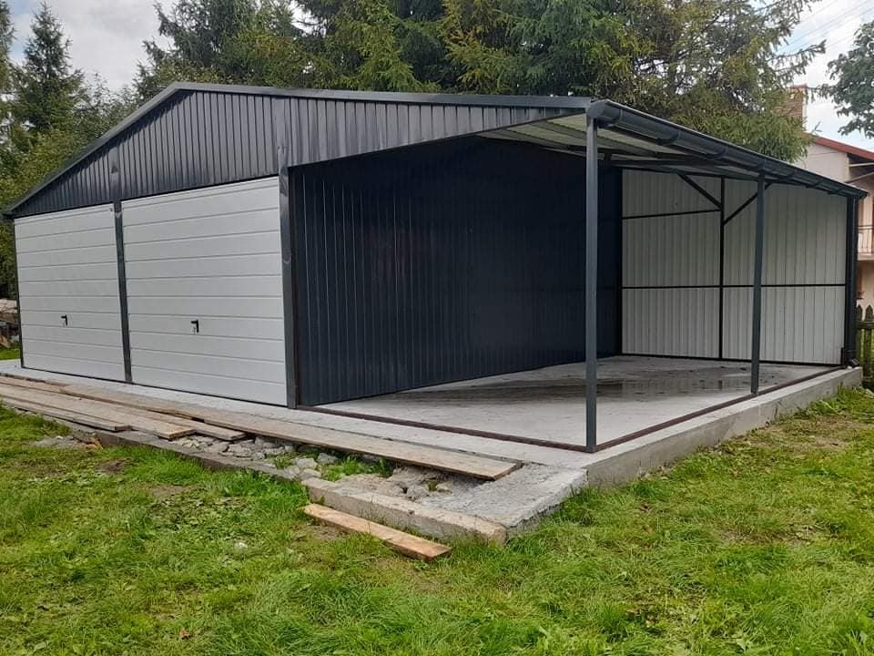 Montovaná plechová garáž 6×6 m + prístrešok 3×6 m s výklopný