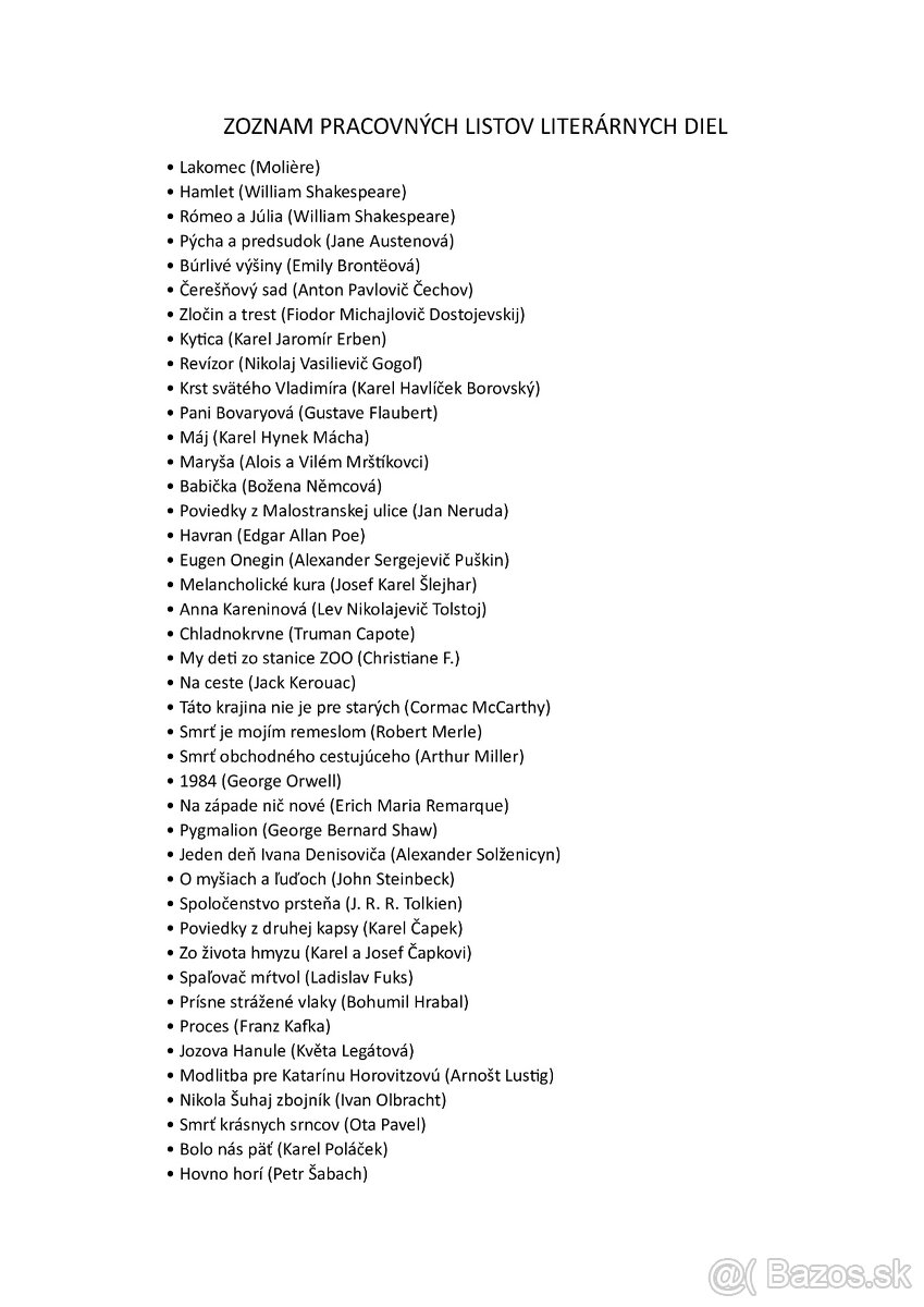 Pracovné listy literárnych diel k maturite (oficiálné)
