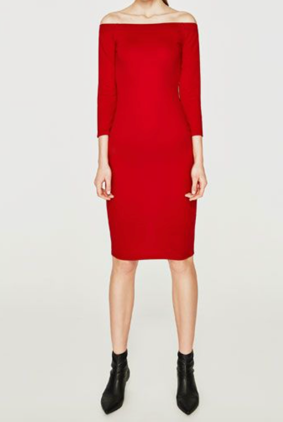 Šaty s odhalenými ramenami Zara, červené, 36