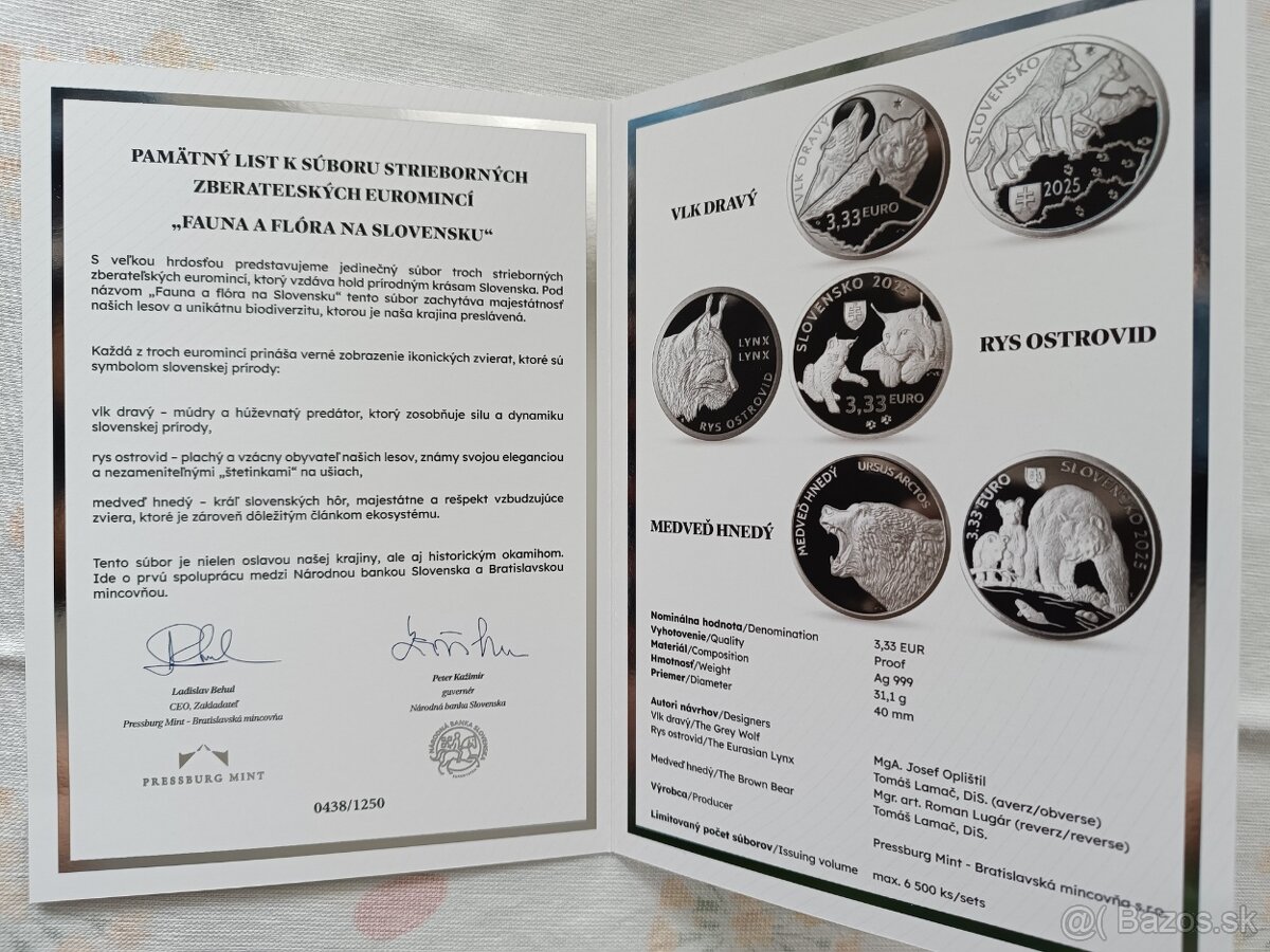 Pamätný list ku 3,33 € Fauna a flóra súbor strieborných pamä