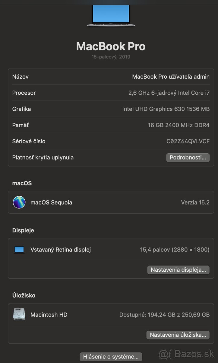 MacBook Pro 15" (2019) – Intel i7, 16 GB RAM, 250 GB SSD