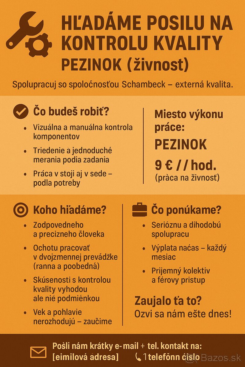 HĽADÁME POSILU NA KONTROLU KVALITY – PEZINOK (živnosť)