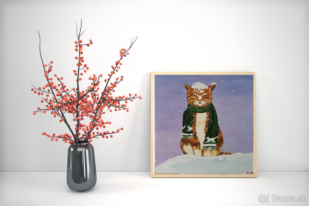 Maľba Zimná prechádzka mačky