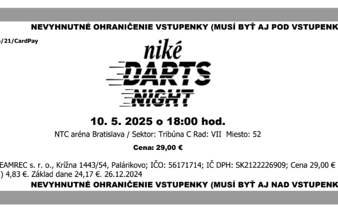 4 Vstupenky Niké Darts Night miesta pri sebe