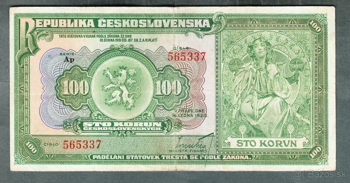 Staré bankovky První republika 100 korun 1920, velmi vzácná