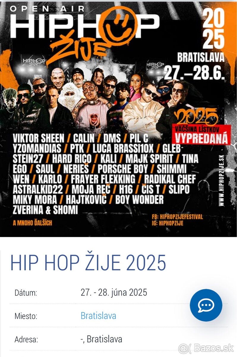 Predam 2x Listok VIP hip hop žije