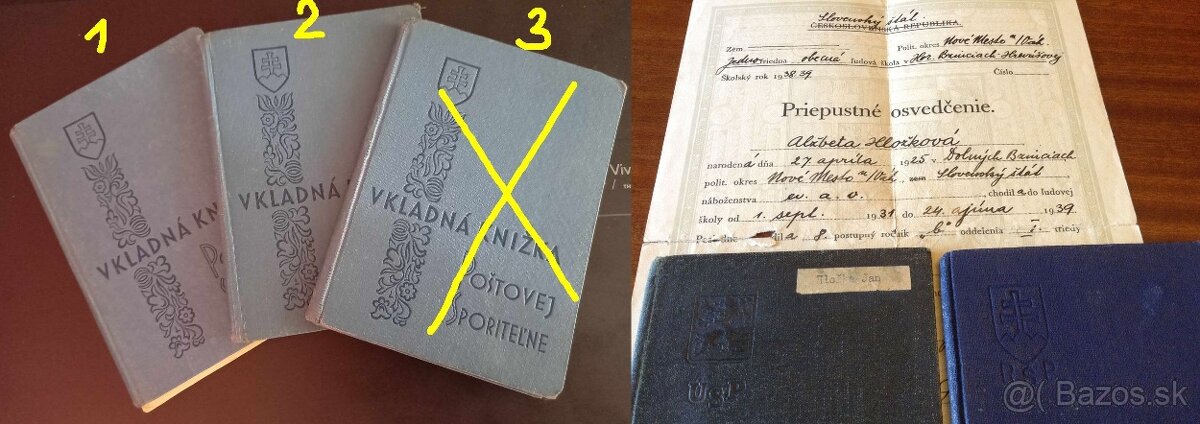 Slov. Štát - vkladné knižky - OSVEDČENIE -LEGITIMÁCIE
