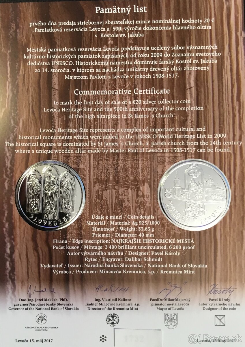 2017/20€ pamiatková rezervácia Levoča - Pamätný list