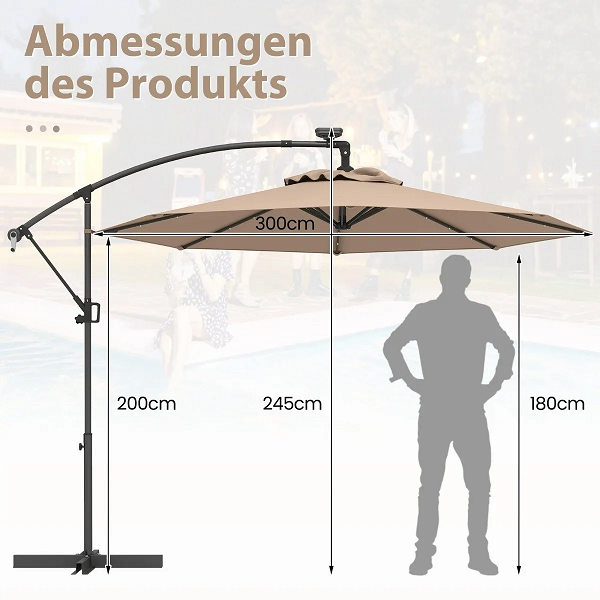 300 cm slnečník s 32 solárnymi LED svetlami a kľuko