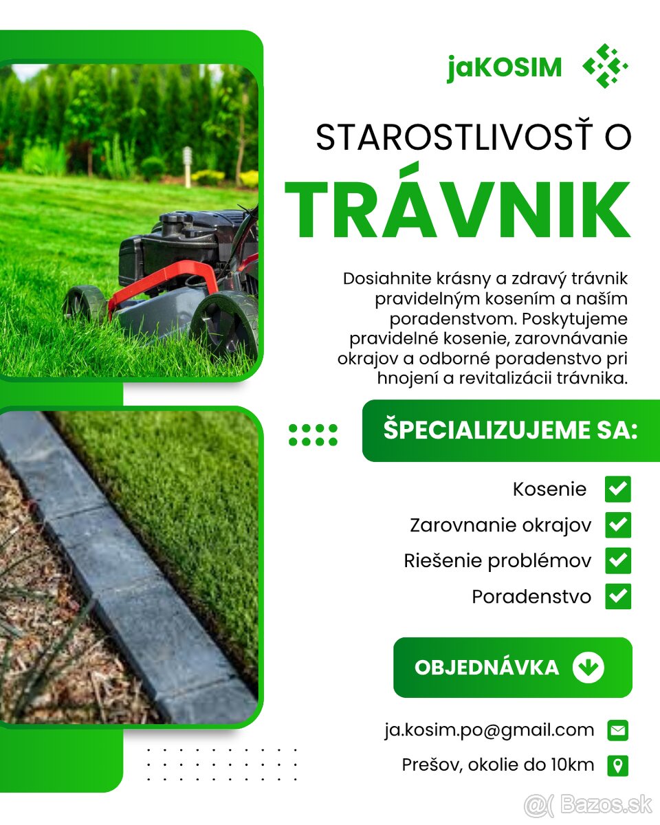Kosenie a úprava trávnikov, poradenstvo, Prešov a okolie