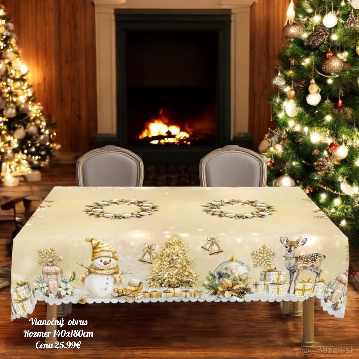 Veľký vianočný obrus so zvieratkami a Snehuliakom