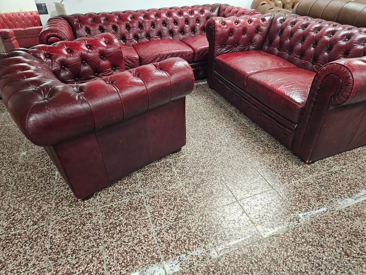 CHESTERFIELD ŠTÝL,BORDOVO-ČERVENÁ KOŽENÁ,NEROZŤAHOVACIA