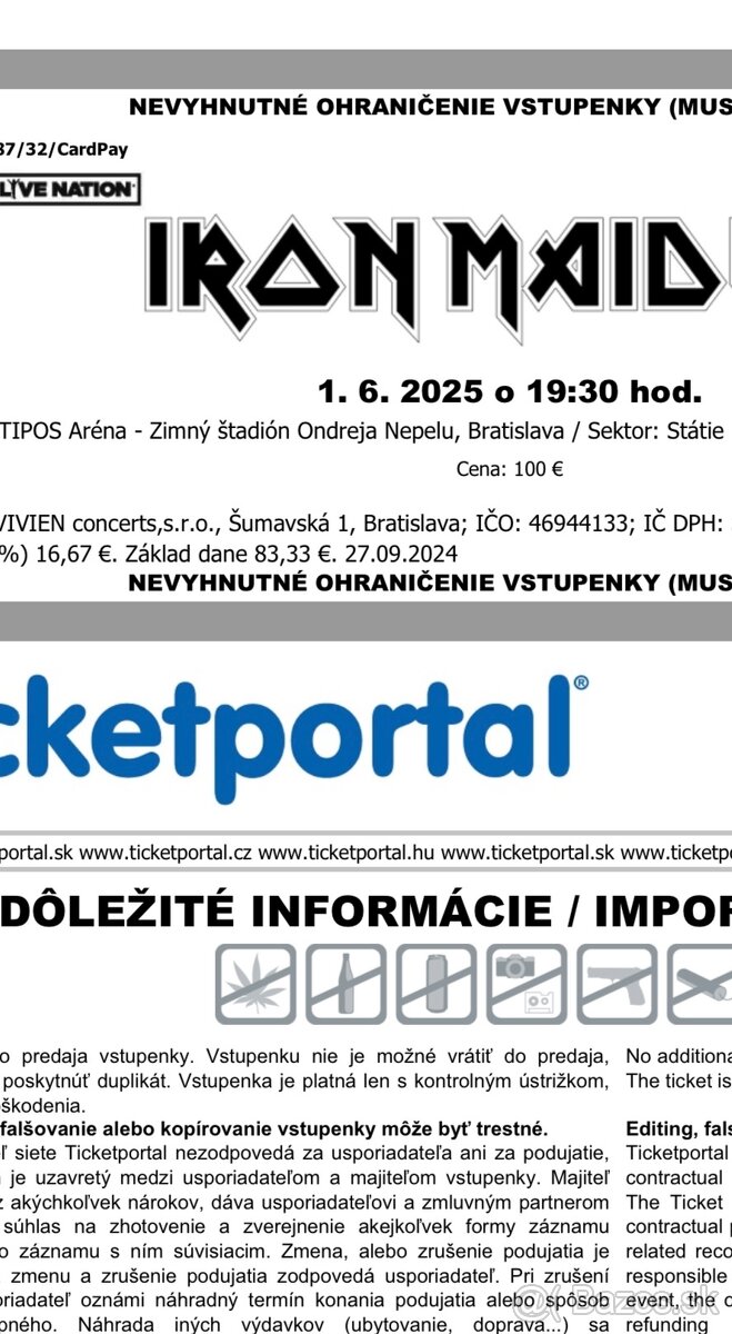 2 vstupenky Iron Maiden Bratislava 1.6.2025