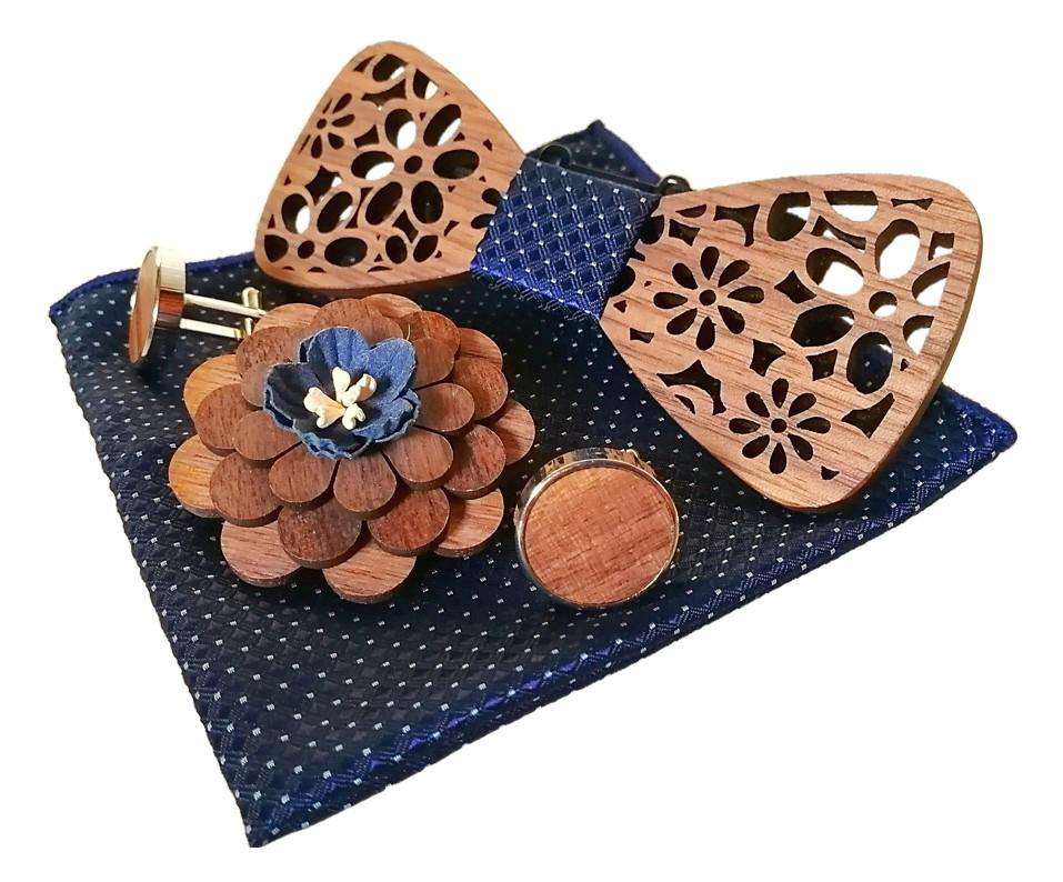 Modrý drevený motýlik - set s brošňou
