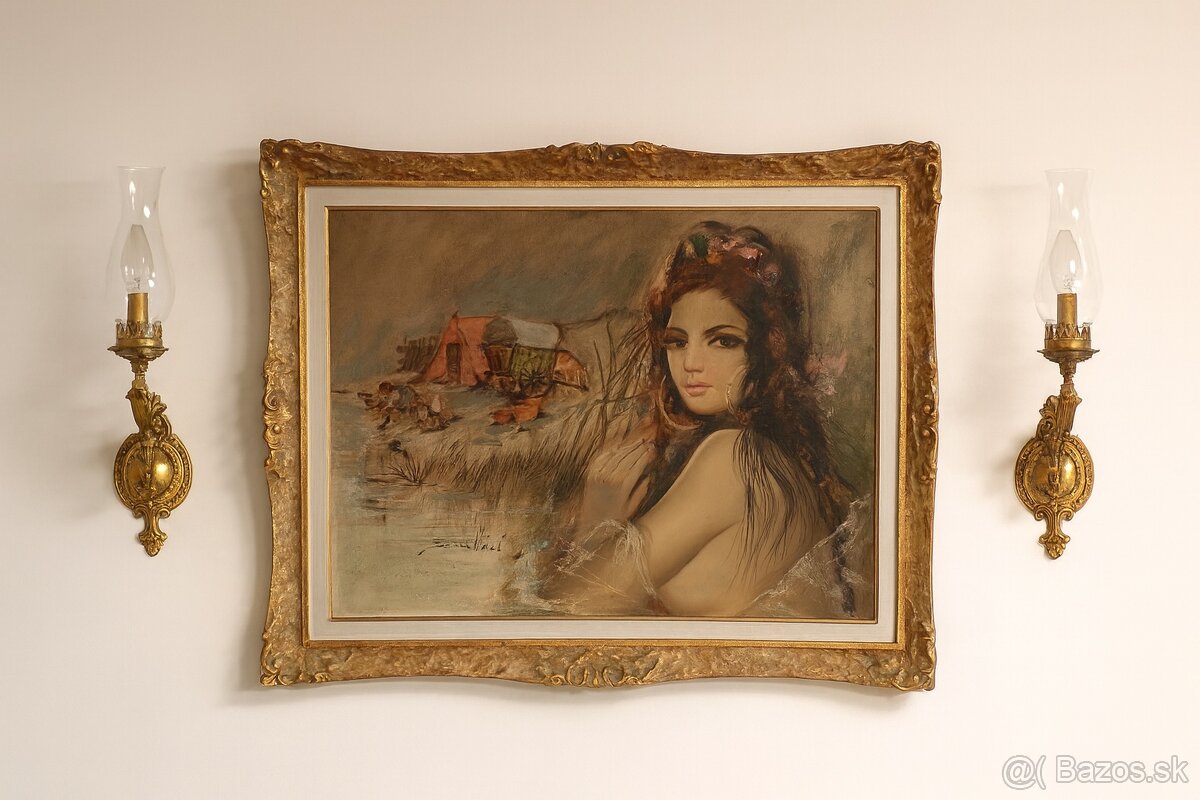 Obrovský veľmi dekoratívny obraz v zlatom ráme 97x77 cm