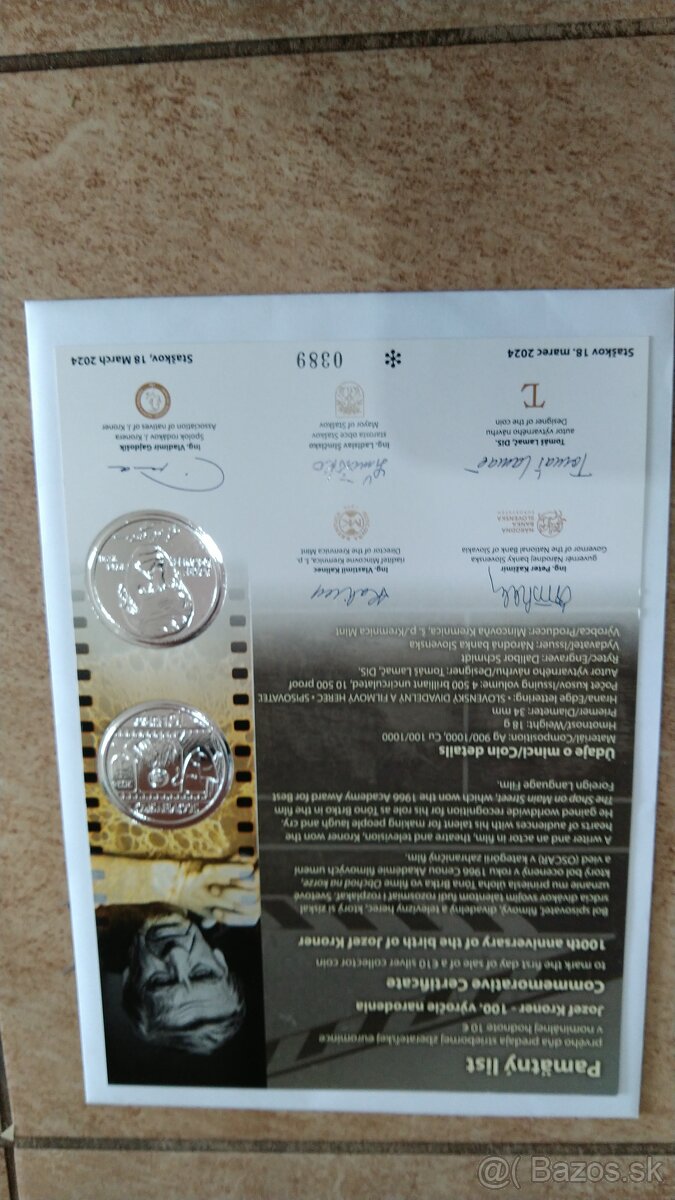 Pamätny list k minciam Jozef Kroner