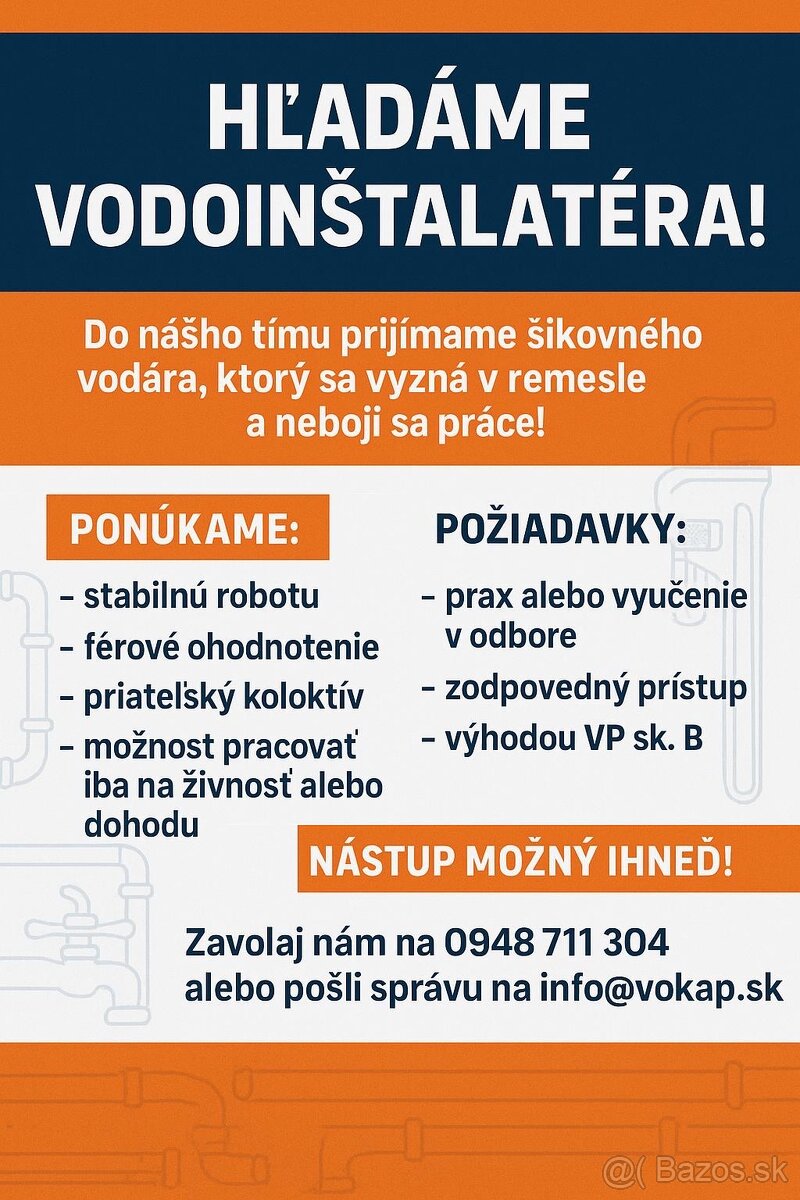 Ponúkame prácu -Inštalatér/Kurenár