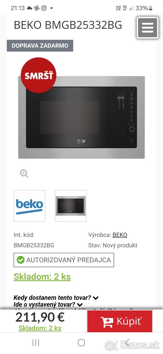 Mikrovlnka Beko mesiac používaná. Vstavaná