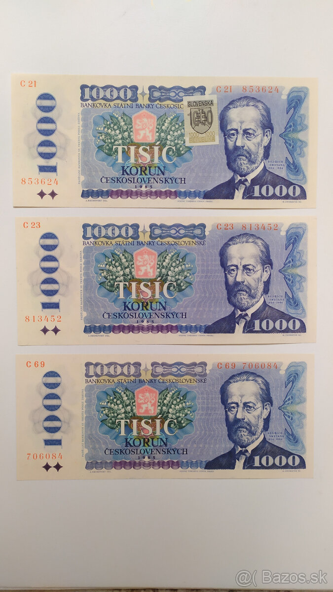 Bankovky 1000 Kčs UNC, aj posledné číslo C42 varianty a)