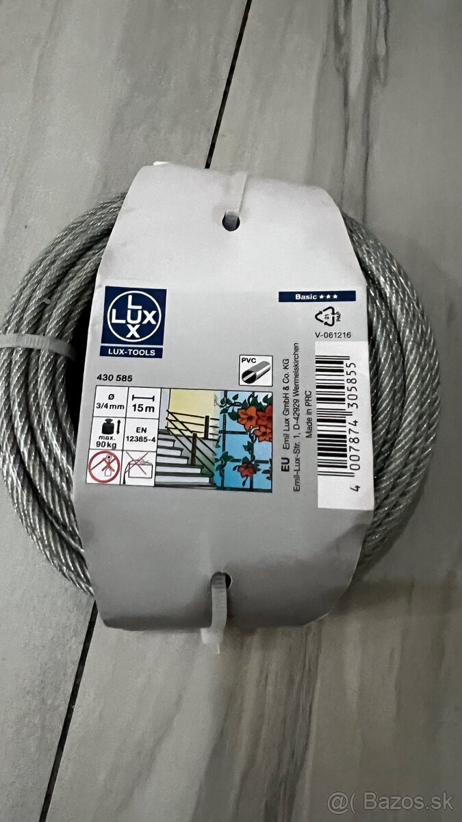 Drôtené lano pozinkované s z PVC, pr. 4 mm x 15 m