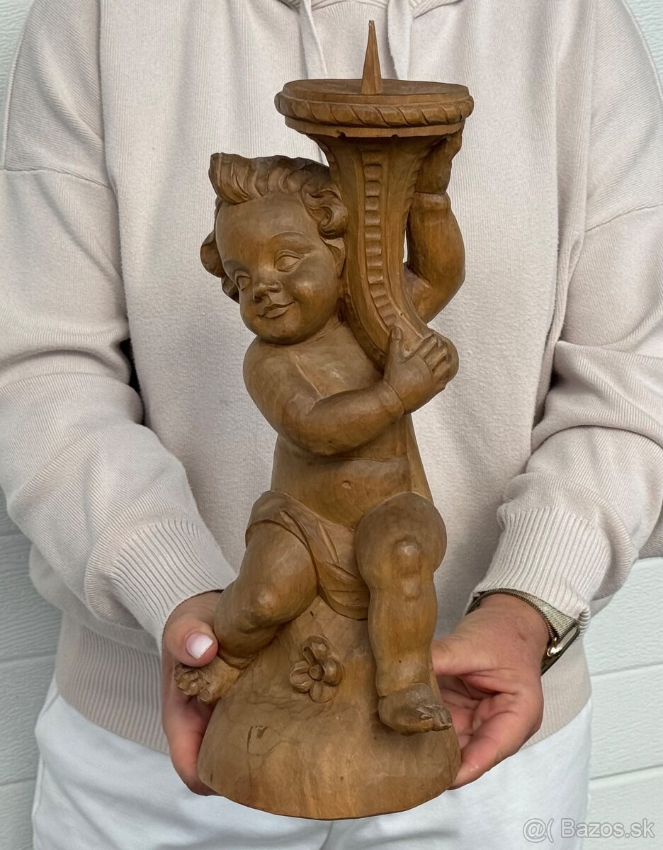 Anděl světlonoš dřevěný svícen 37,5cm