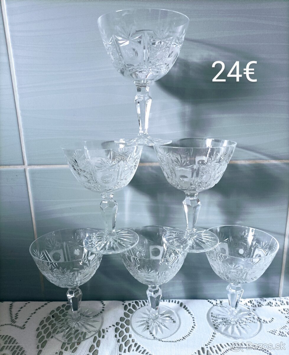 Krištáľové poháre , váza , dóza, košík