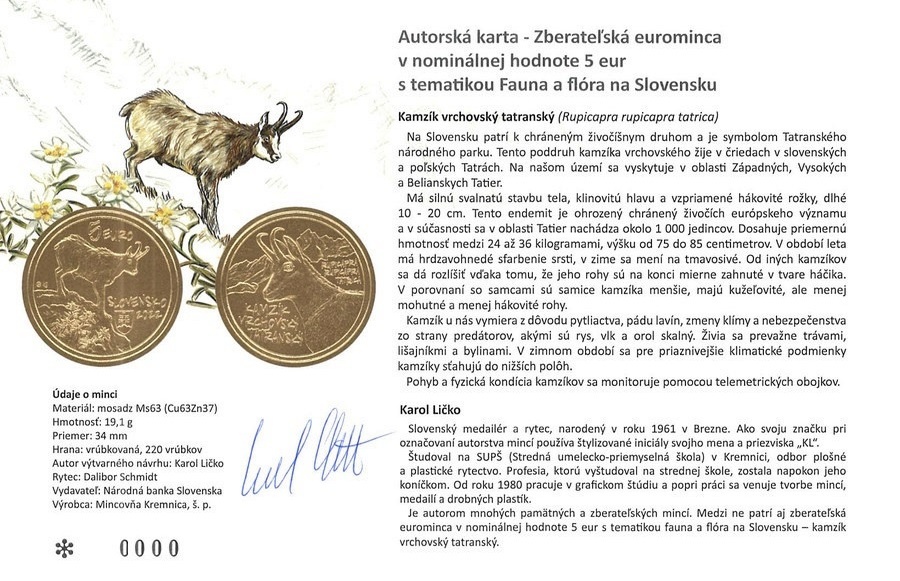 Autorská karta k 5€ minciam Slovensko / 5 euro mince.