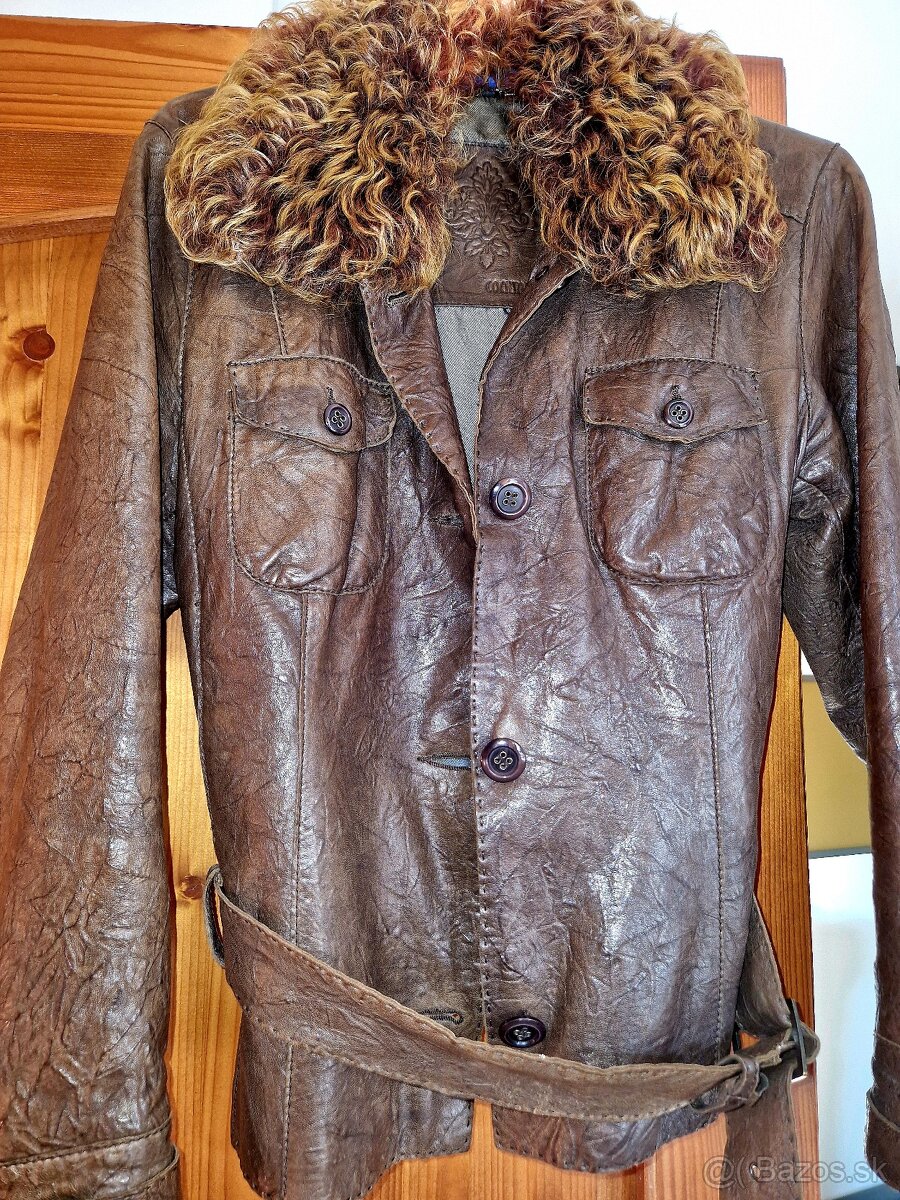 kožena bunda L s perzianovym golierom