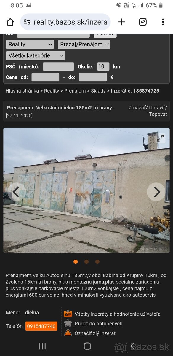 Prenajmem Velku Autodielnu 185m2 v Obec Babina