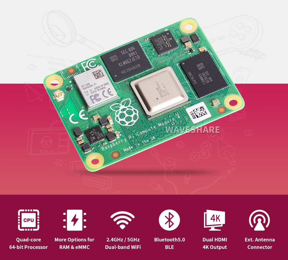 CM4104016 Raspberry Pi Compute Module 4 - 4GB RAM, 16GB eMMC
