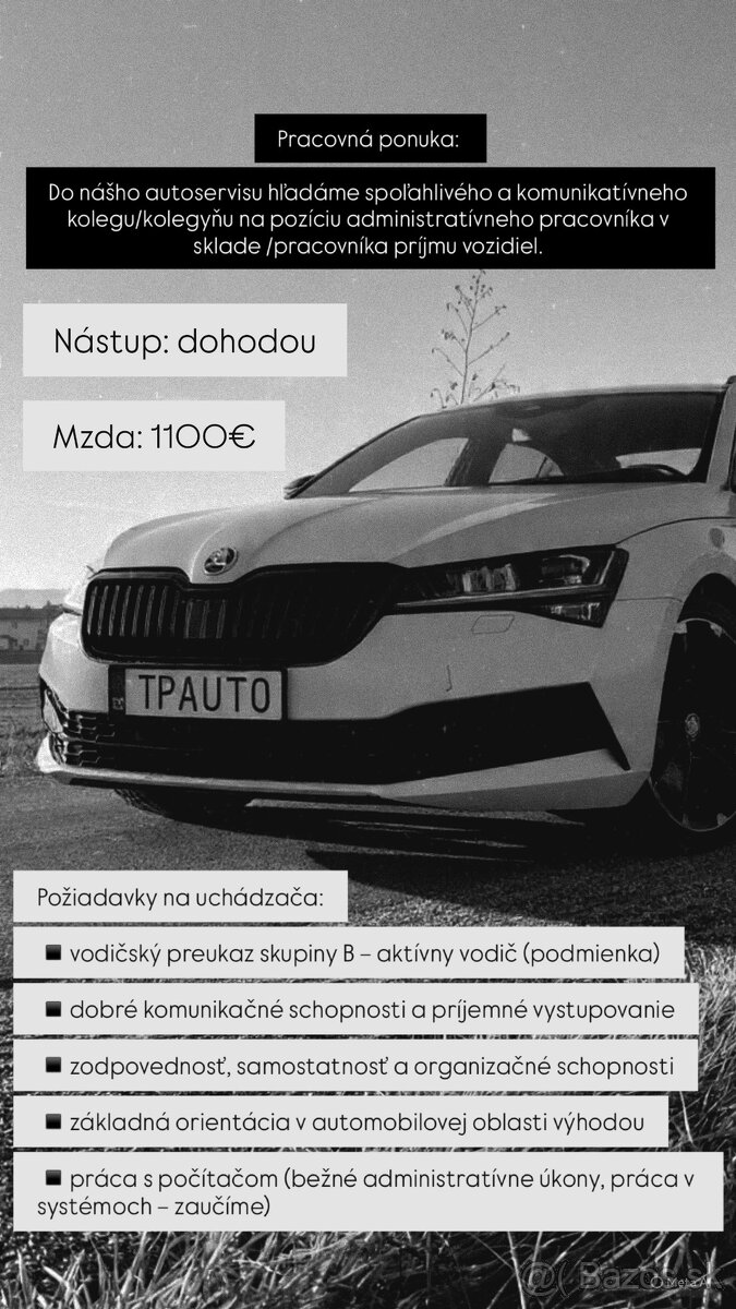 Administratívny pracovník v sklade autoservisu