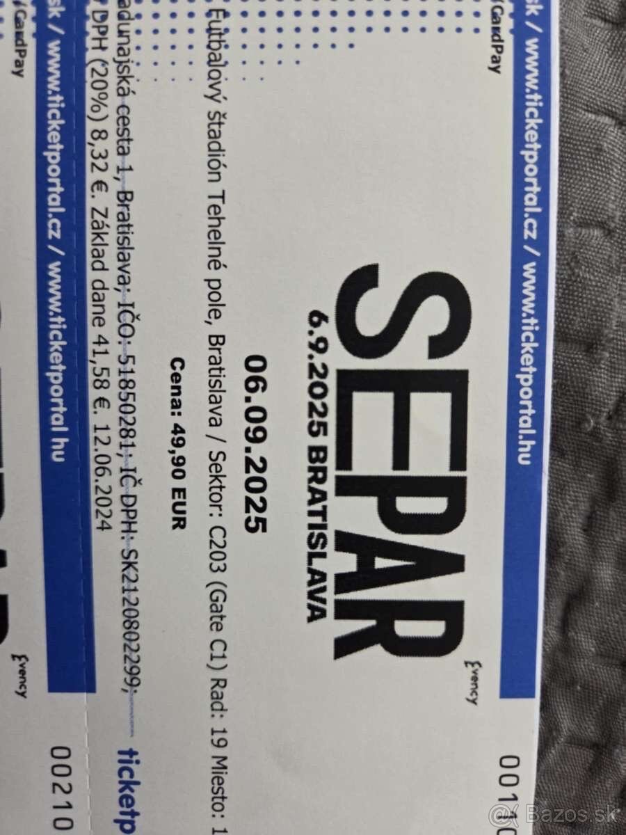 Predám lístky, SEPAR Tehelne pole 10.10.2025