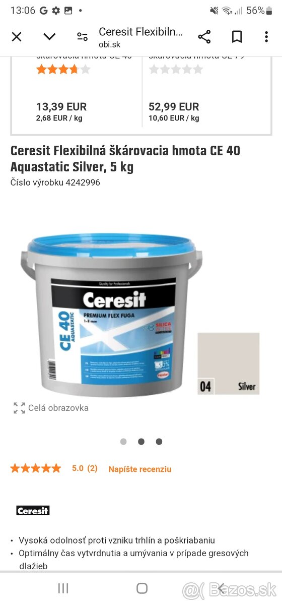 Škárovacia hmota Ceresit CE40 Aquastatic Silver