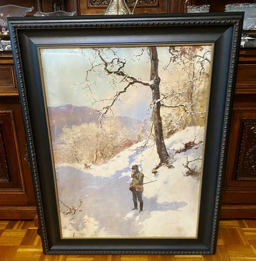 Obraz,olejomalba s polovníckou tematikou.
