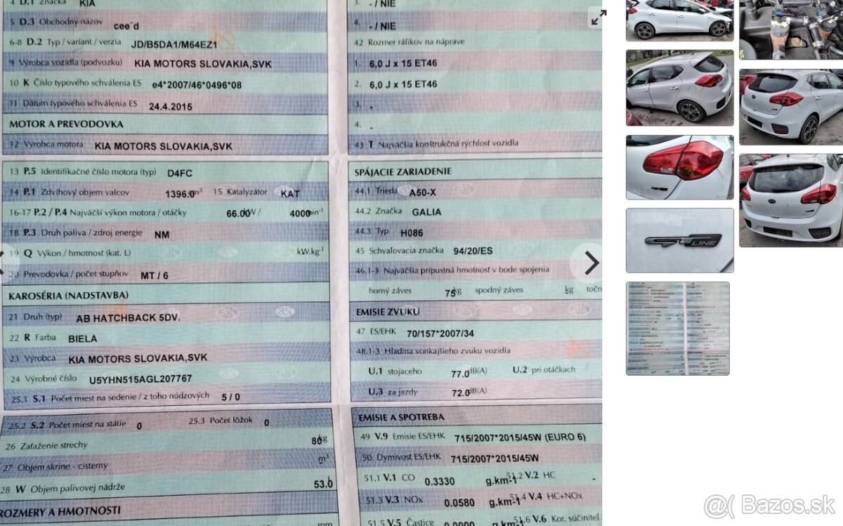 KIA CEED 1.4 CRDI 2015 Predám DVERE, MOTOR D4FC, PIATE DVERE