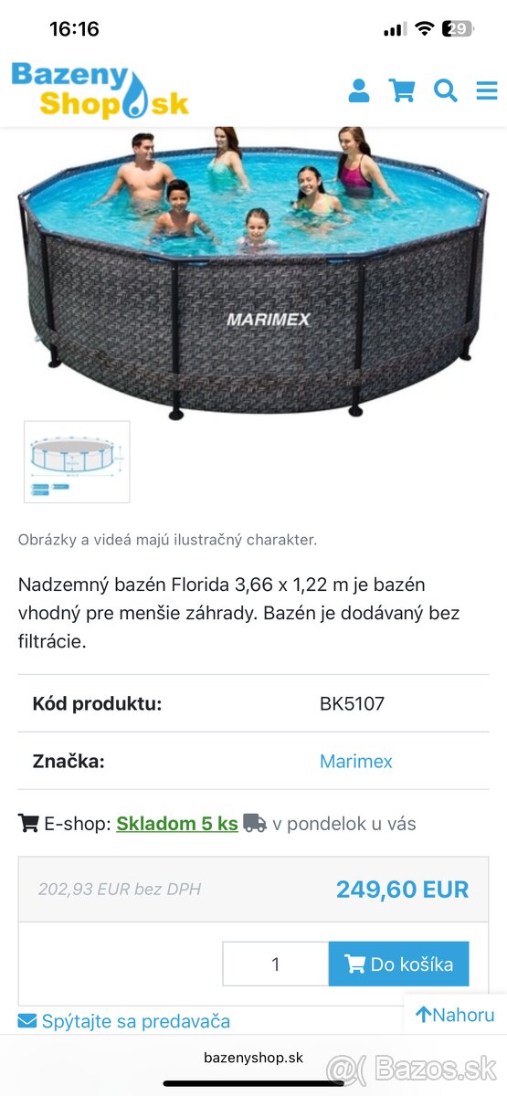 Predám Bazén -Marimex rozmer 3,66m X 1,22m