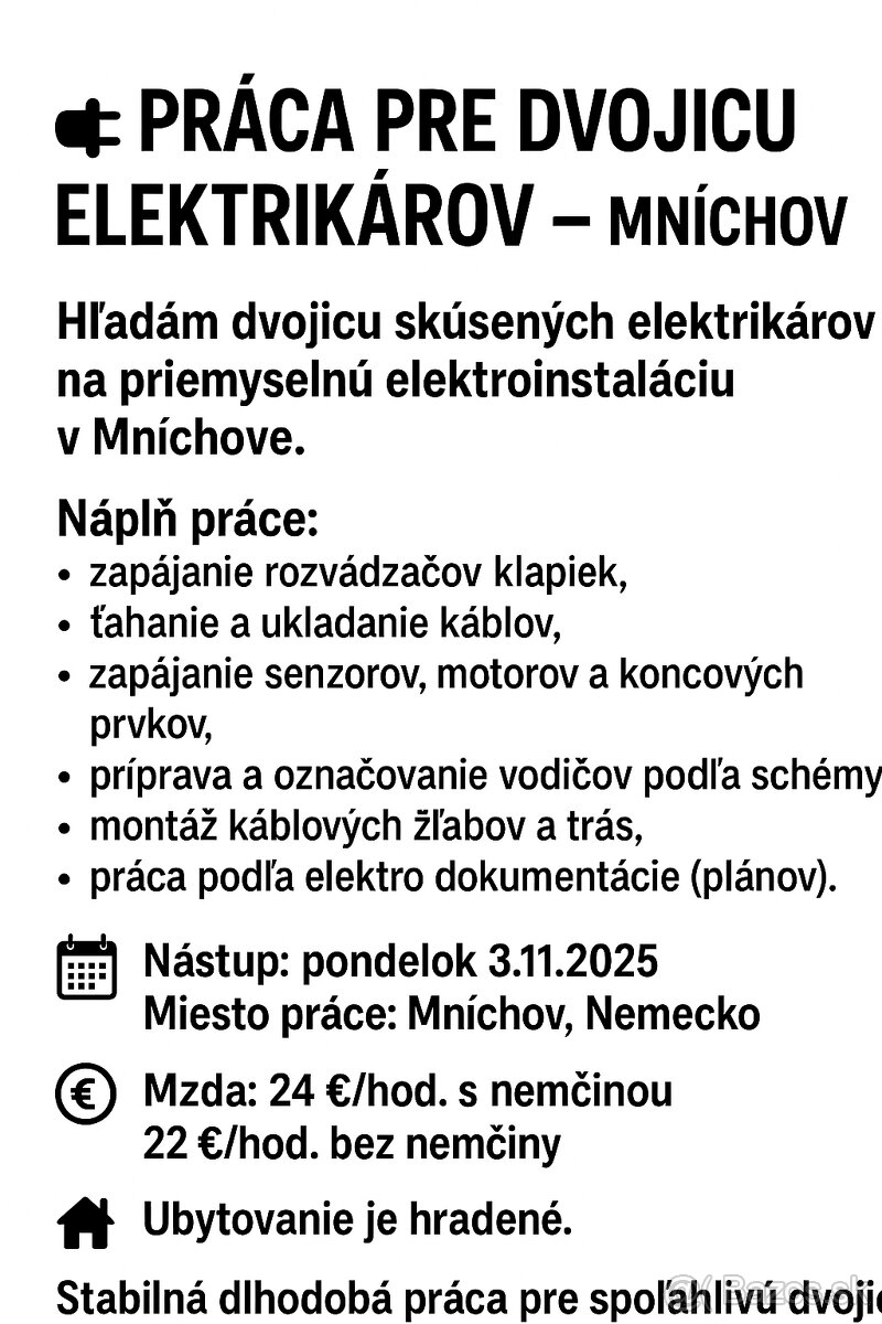 Práca pre dvojicu elektrikárov – Mníchov 🇩🇪