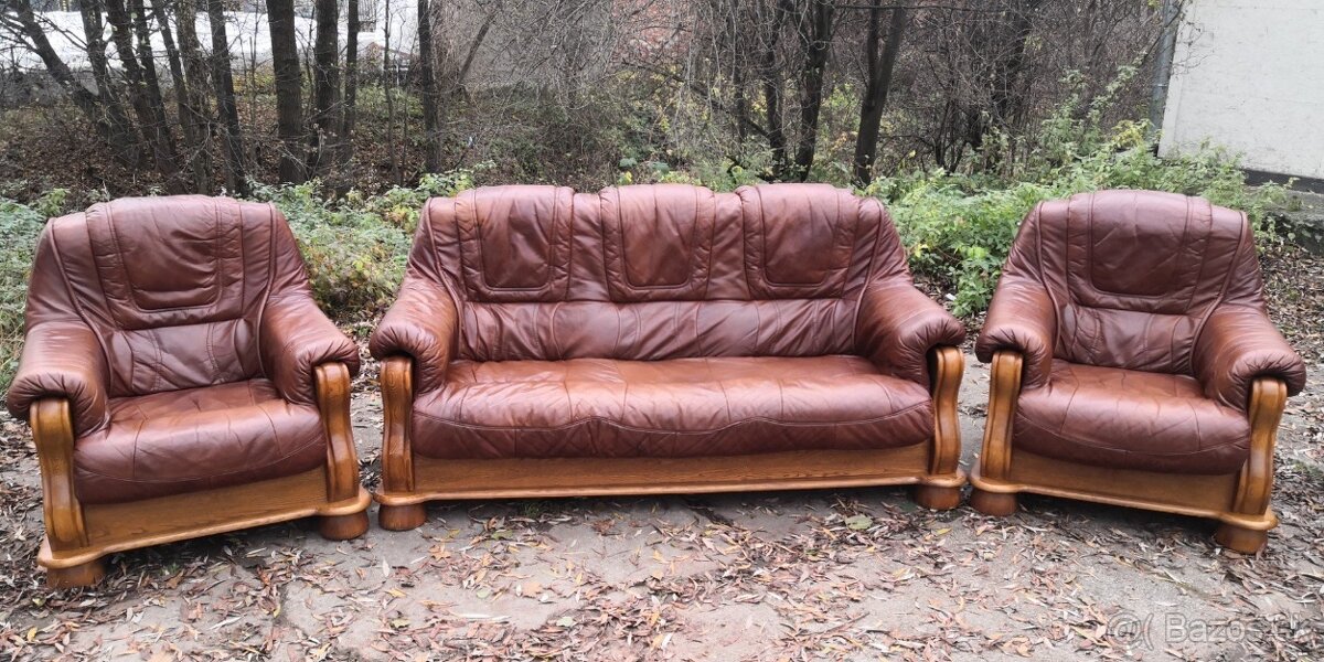 Kožená sedacia súprava 3+1+1 s masivnym drevom