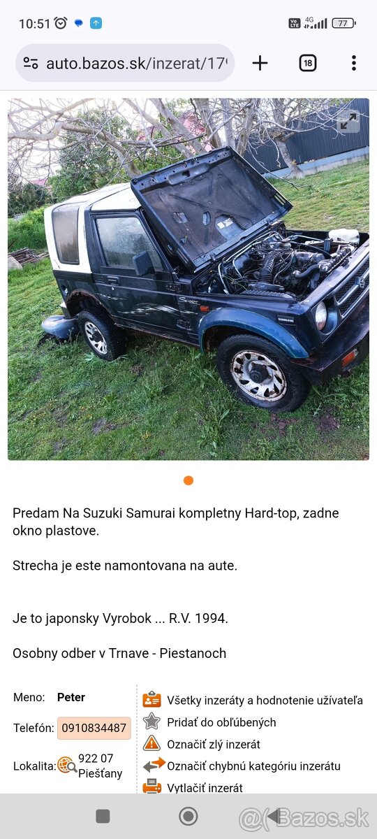 Predam plastovu strechu na Samurai