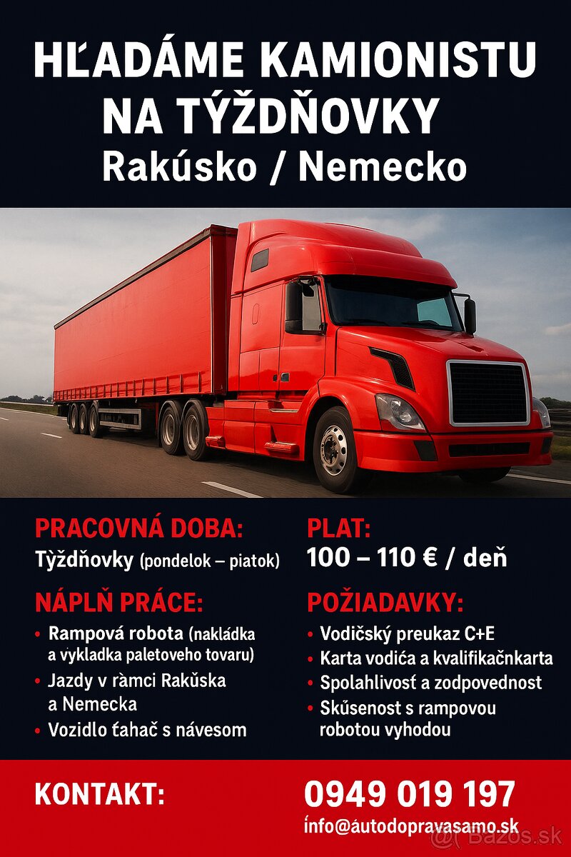 HĽADÁME KAMIONISTU NA TÝŽDŇOVKY BA