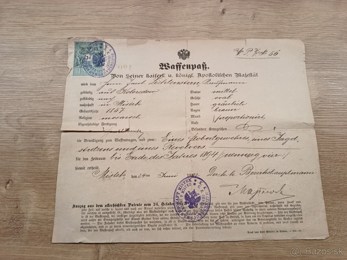 Zbrojní pas -preukaz,Waffenpass, 1892 Rakúsko Uhorsko