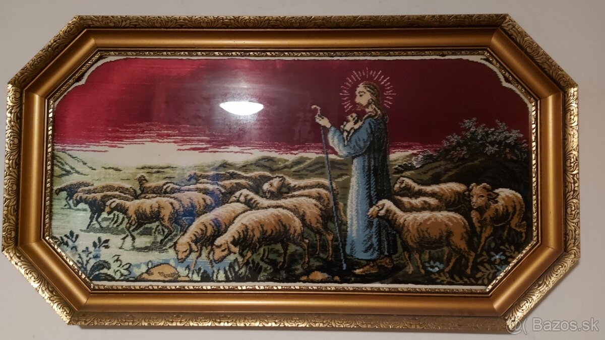 Predám vyšívaný obraz Ježiša s ovečkami v zlatom ráme
