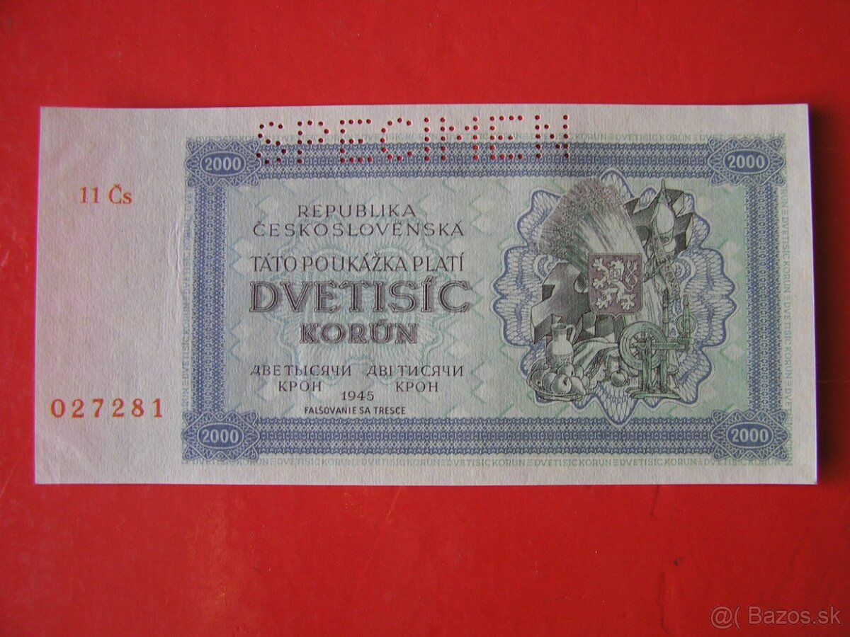 ČESKOSLOVENSKÉ BANKOVKY: VZÁCNA 2000-KORÚN-1945 Perf.