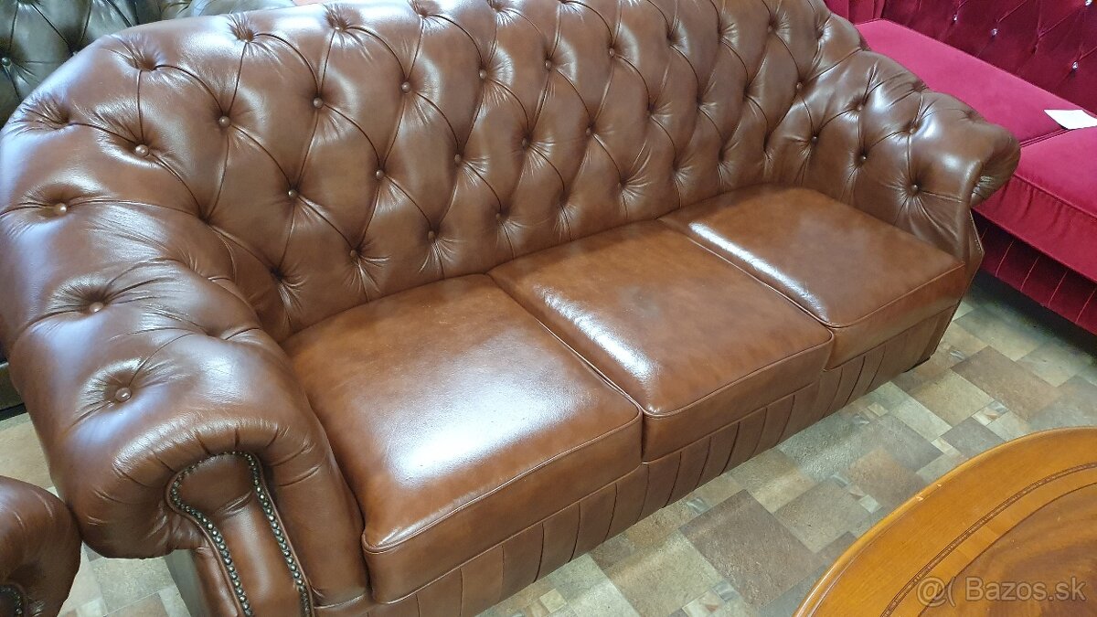 Chesterfield štýl,hnedá kožená 3+1,nerozťahovacia