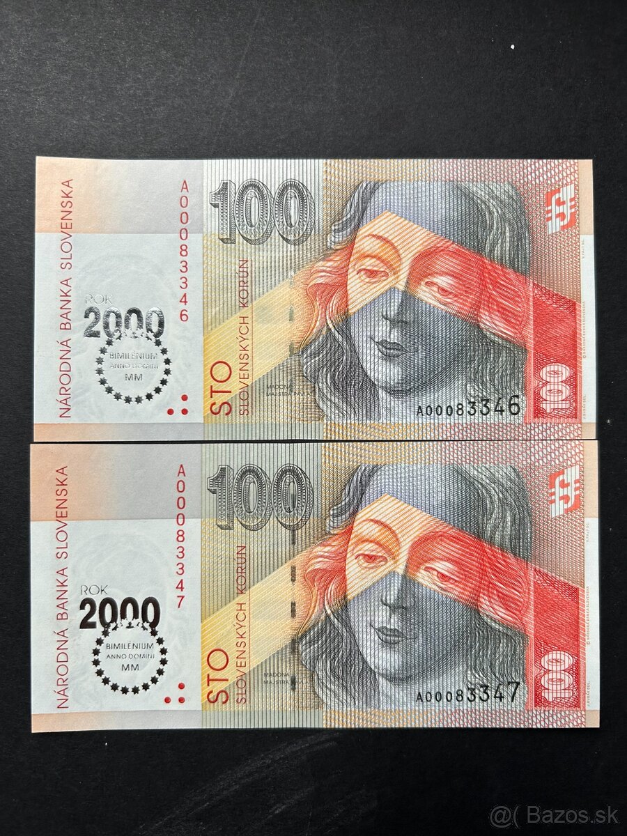 Bankovky Slovensko 100SK Bimilenium 2x čísla po sebe