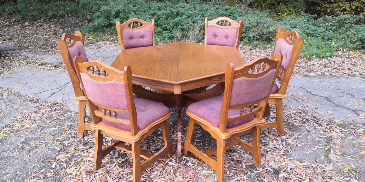 Masivny rozkl.stôl+6 ks masivné stoličky